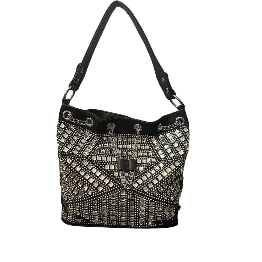 Drawstring Rhinestone Bling Maximalist Black Hobo Bag